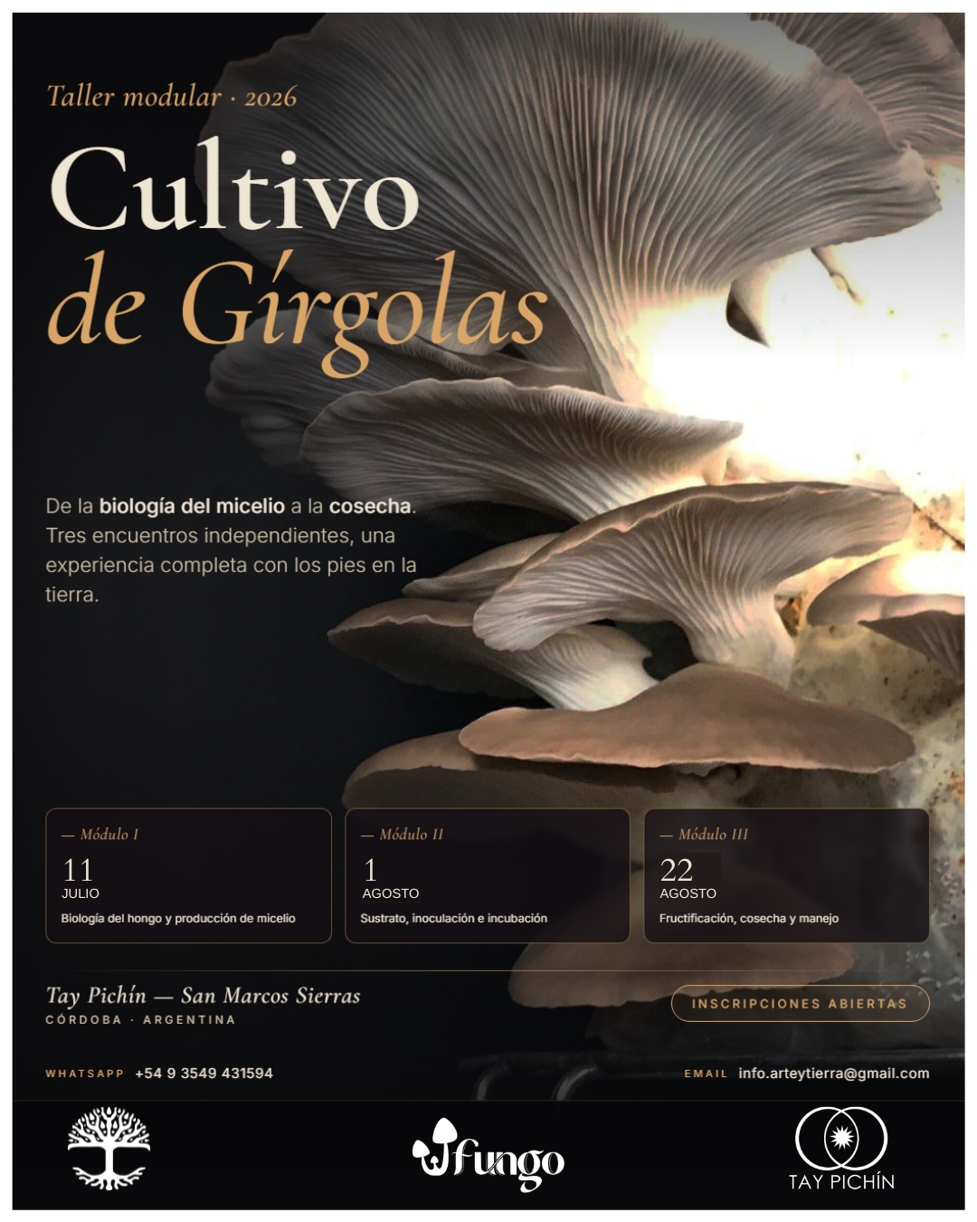 Flyer Curso FUNGO Cultivo de Gírgolas — 11/7, 1/8, 22/8 2026